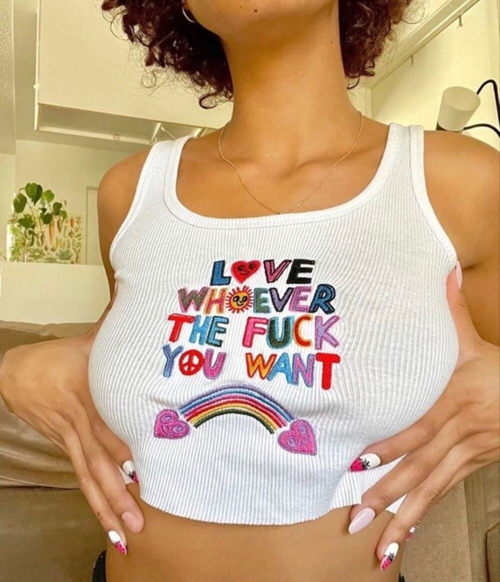 CHNGE Love Whoever The F*ck You Want Pride Ribbed Embroidered Crop Tank Top XXS